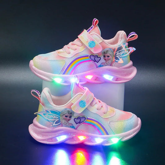 Disney Girls' Casual Shoes Led Lights Mesh Breathable Children's Sports Princess Elsa Pink Purple Shoes Sneakers Size 22-37
