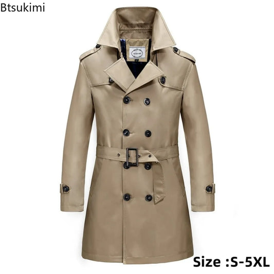 Men's Long Trench Jacket Coats Spring Autumn British Style Business Office Trench Men's Solid Slim Double Breasted Jacket